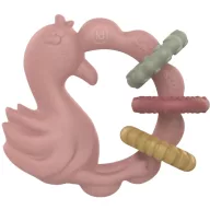 Little Dutch rózsaszín szilikon flamingó rágóka három színes bordázott gyűrűvel fehér háttér előtt