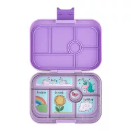 Yumbox Original 6 rekeszes nyitott uzsonnás doboz Lavande Unicorn mintával és tápanyagcsoport feliratokkal