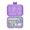 Yumbox Original 6 rekeszes nyitott uzsonnás doboz Lavande Unicorn mintával és tápanyagcsoport feliratokkal