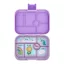 Yumbox Original 6 rekeszes nyitott uzsonnás doboz Lavande Unicorn mintával és tápanyagcsoport feliratokkal