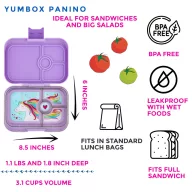 Yumbox Panino 4 rekeszes Lavande Unicorn uzsonnás doboz nyitott állapotban unikornisos mintával