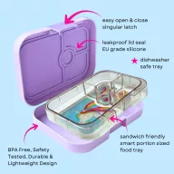 Yumbox Panino 4 rekeszes Lavande Unicorn uzsonnás doboz nyitott állapotban unikornisos mintával