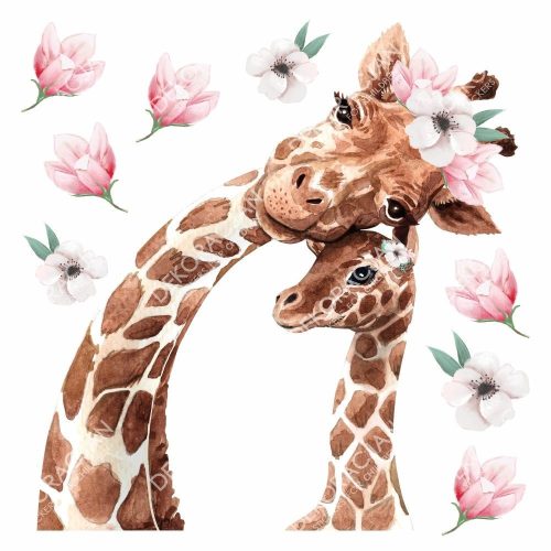 Gyerekszoba falmatrica - Zsiráf anya és picinye virágokkal