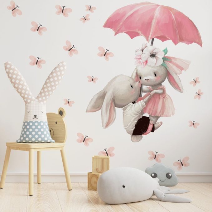 Gyerekszoba falmatrica - Nyuszik esernyővel és pillangókkal