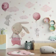   Gyerekszoba falmatrica - Nyuszi lufikkal felhőkkel és csillagokkal