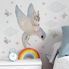   Gyerekszoba falmatrica - Nyuszi kismadárral felhőkkel és pillangókkal