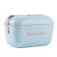 Polarbox Celeste Pink 20L-es retró hűtőtáska kék színben, rózsaszín vállpánttal és felirattal