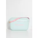 Polarbox Celeste Pink 20L-es retró hűtőtáska kék színben, rózsaszín vállpánttal és felirattal