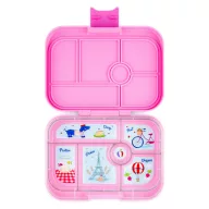 Yumbox Original 6 rekeszes uzsonnás doboz Power Pink Paris mintás kivehető tálcával nyitott állapotban