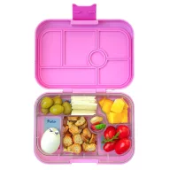 Yumbox Original 6 rekeszes uzsonnás doboz Power Pink Paris mintás kivehető tálcával nyitott állapotban