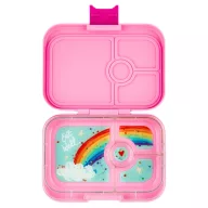 Yumbox Panino Power Pink Rainbow 4 rekeszes uzsonnás doboz nyitva szivárványos belső tálcával