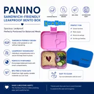 Yumbox Panino Power Pink Rainbow 4 rekeszes uzsonnás doboz nyitva szivárványos belső tálcával