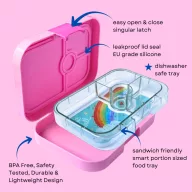 Yumbox Panino Power Pink Rainbow 4 rekeszes uzsonnás doboz nyitva szivárványos belső tálcával