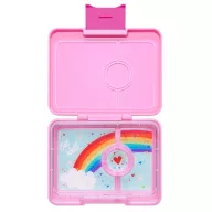 Yumbox Snack Power Pink Rainbow 3 rekeszes uzsonnás doboz nyitott állapotban szivárványos tálcával