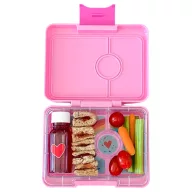 Yumbox Snack Power Pink Rainbow 3 rekeszes uzsonnás doboz nyitott állapotban szivárványos tálcával