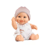 Paola Reina Peque Guillo 21 cm-es mosolygós játékbaba őzikés mintás ruhában és rózsaszín sapkában