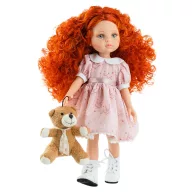 Paola Reina Marga 32 cm-es vörös hajú játék baba rózsaszín ruhában, plüssmacival