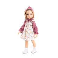 Paola Reina Carla 32 cm-es játékbaba virágos ruhában, mályva sapkában és kiskabátban