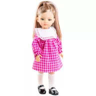 Paola Reina Cassandra 32 cm-es játékbaba rózsaszín-fehér kockás ruhában és fekete lakkcipőben