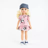Paola Reina Claudia 32 cm-es szőke játékbaba kutyusos rózsaszín ruhában