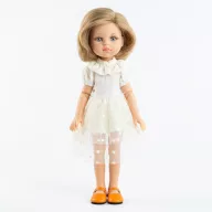 Paola Reina Carla 32 cm-es játékbaba fehér alkalmi ruhában és narancssárga cipőben