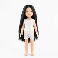 Paola Reina Paola 32 cm-es játékbaba hosszú fekete hajjal fehér pizsamában szemből