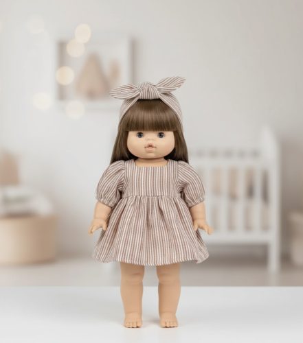 Játék babaruha 34 cm-es babákhoz - Csíkos ruha - bézs