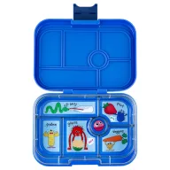 Nyitott kék Yumbox Original 6 rekeszes uzsonnás doboz szörnyecskés belső tálcával