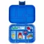 Nyitott kék Yumbox Original 6 rekeszes uzsonnás doboz szörnyecskés belső tálcával