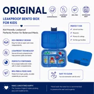 Nyitott kék Yumbox Original 6 rekeszes uzsonnás doboz szörnyecskés belső tálcával
