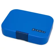 Nyitott kék Yumbox Original 6 rekeszes uzsonnás doboz szörnyecskés belső tálcával