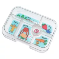 Nyitott kék Yumbox Original 6 rekeszes uzsonnás doboz szörnyecskés belső tálcával