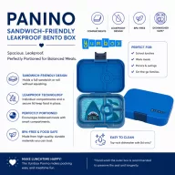 Yumbox Panino 4 rekeszes cápás uzsonnás doboz nyitott állapotban szilikon tömítéssel