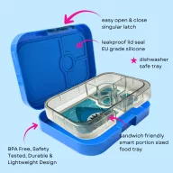 Yumbox Panino 4 rekeszes cápás uzsonnás doboz nyitott állapotban szilikon tömítéssel