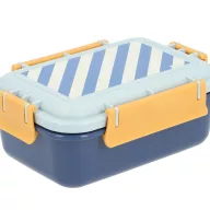 Tutete bento uzsonnás doboz zárt állapotban kék csíkos mintával és sárga pántokkal