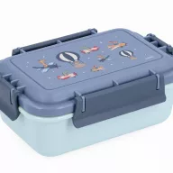 Tutete bento uzsonnás doboz kék színben, repülős mintás fedéllel és négy kapoccsal
