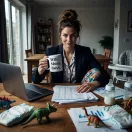 Dolgozó anyuka home office-ban Wife Mum Boss bögrével az íróasztalnál baba holmik mellett