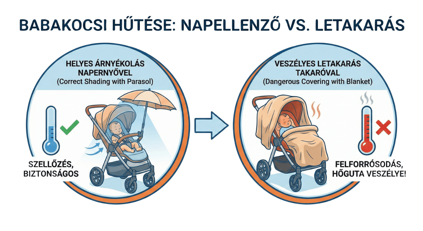 Helytelen babakocsi árnyékolás textillel vs. helyes szellőző árnyékolás