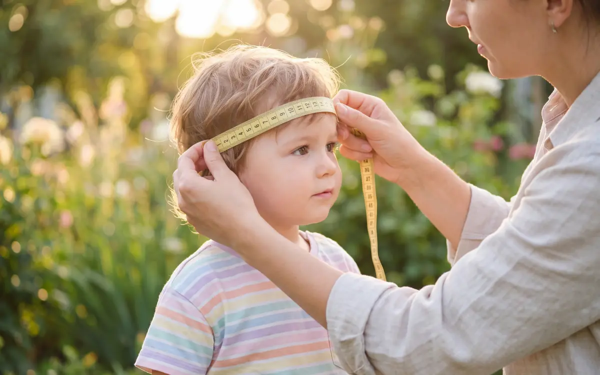 Szülő mérőszalaggal méri kisgyereke fejét napszemüveg méretválasztáshoz