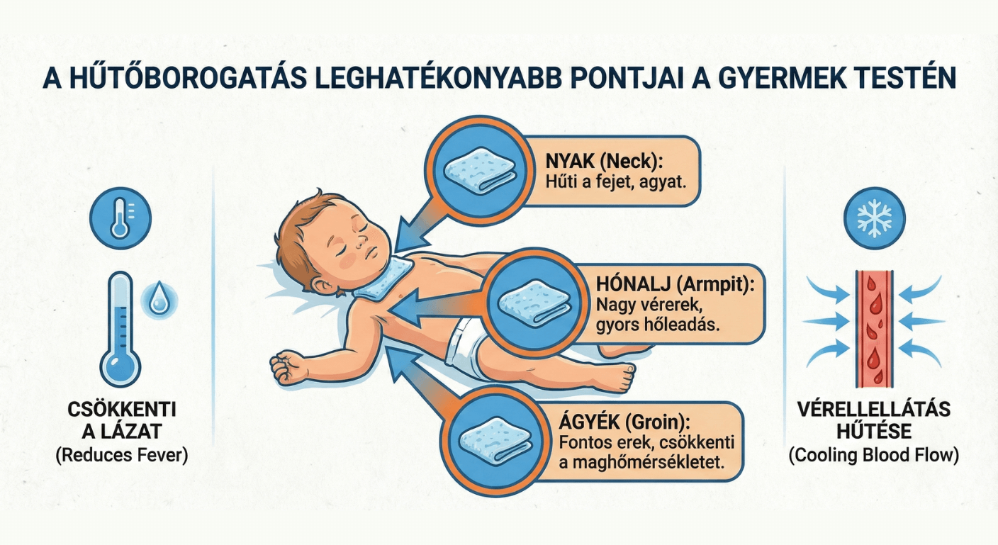 Hűtőborogatás helyes pontjai: nyak, hónalj, lágyék