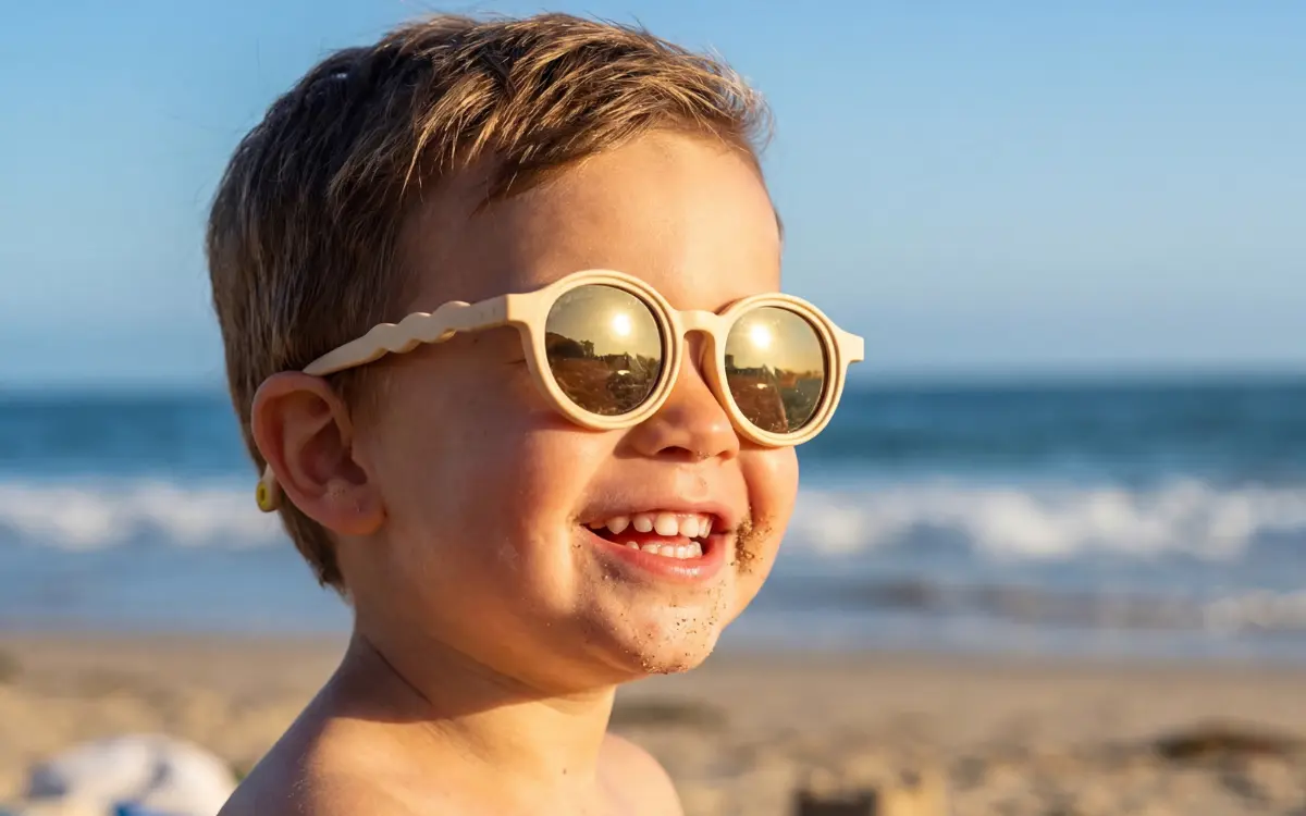 Kisgyerek jól illeszkedő polarizált napszemüvegben a szabadban