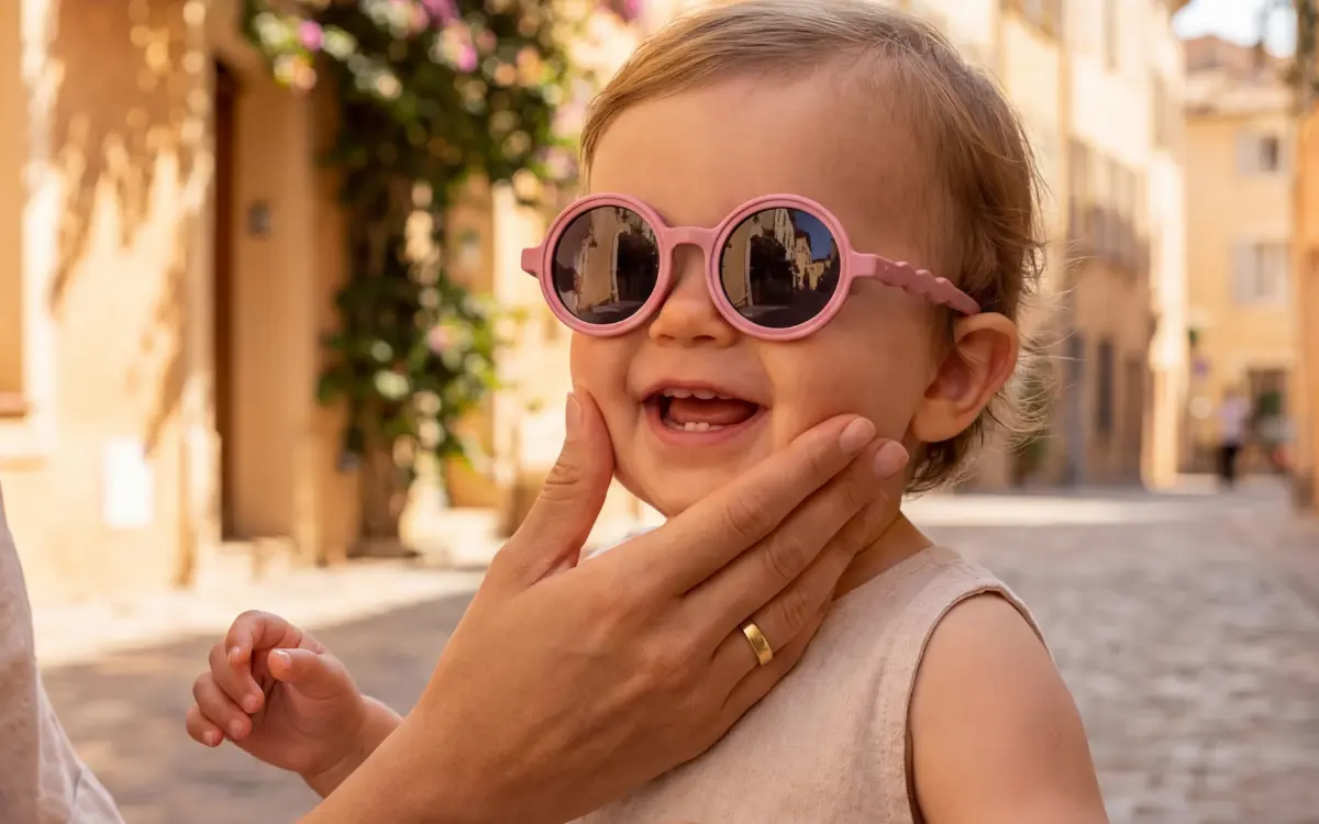 Kisgyerek napszemüvegben és kalapban a napon – UV-védelem fontossága