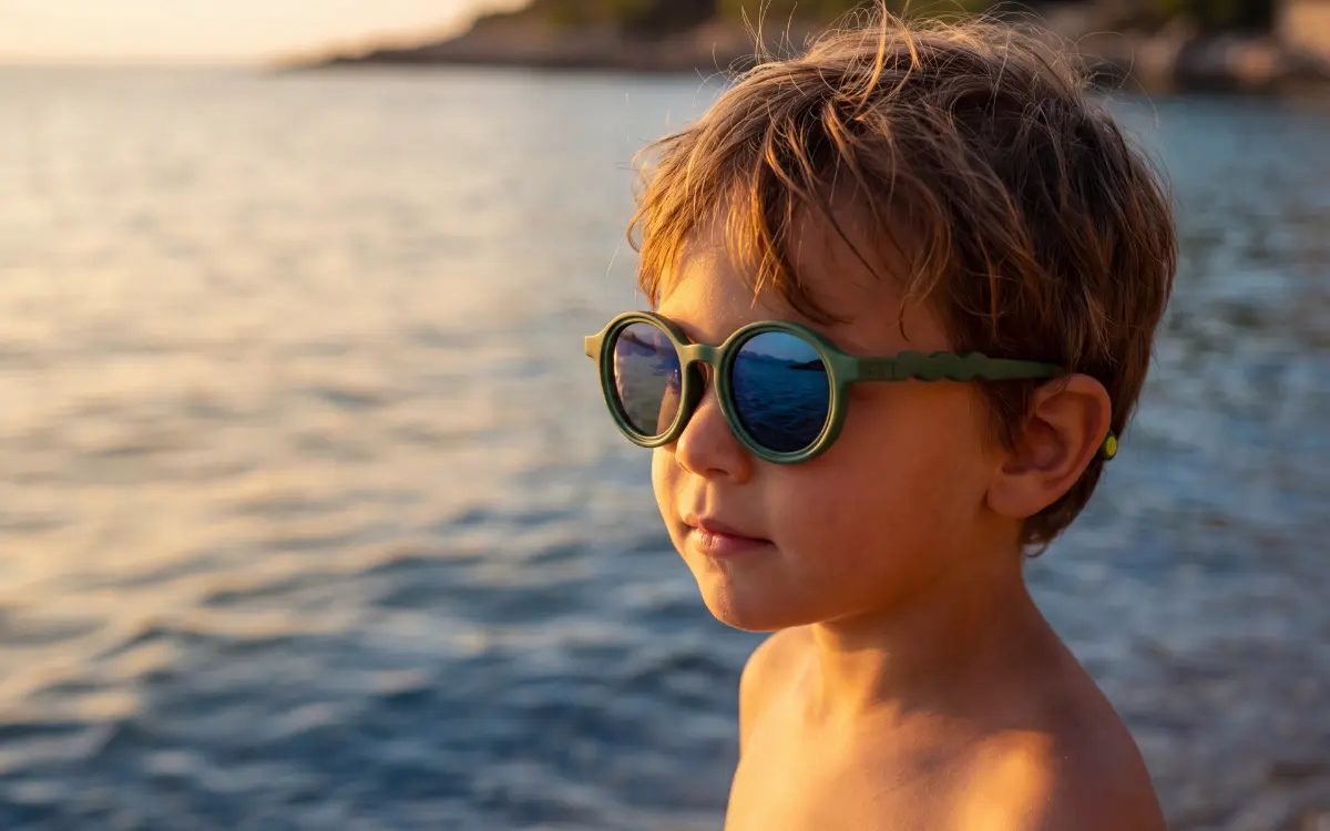 Gyerek polarizált napszemüvegben vízparton – tükröződésmentes kilátás